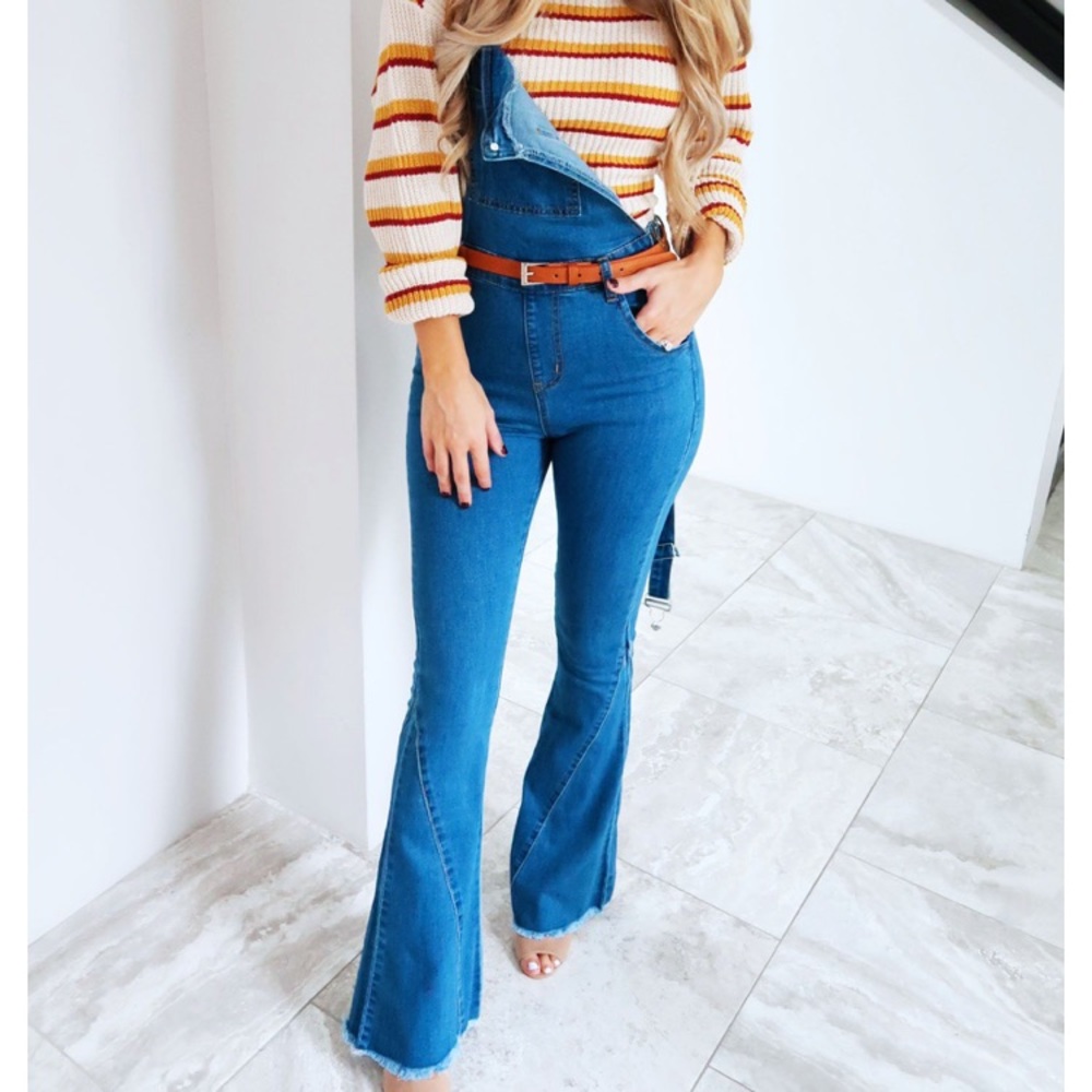 Flare bottom overalls in medium blue